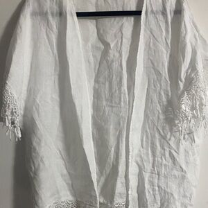 Valentina Naldi White Linen Lace Trim Kimono Cardigan